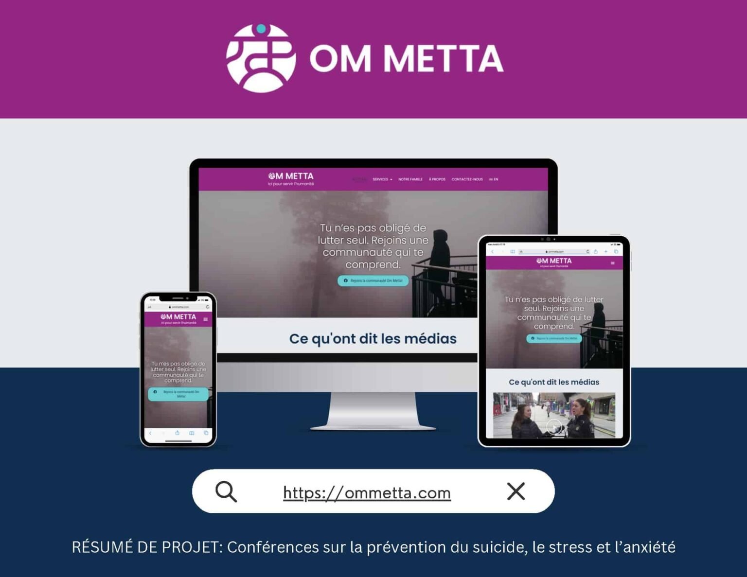 Mockup du site web Om Metta avec ordinateur, tablette et smartphone avec comme sous-titre "Conférences sur la prévention du suicide, du stress et de l'anxiété"