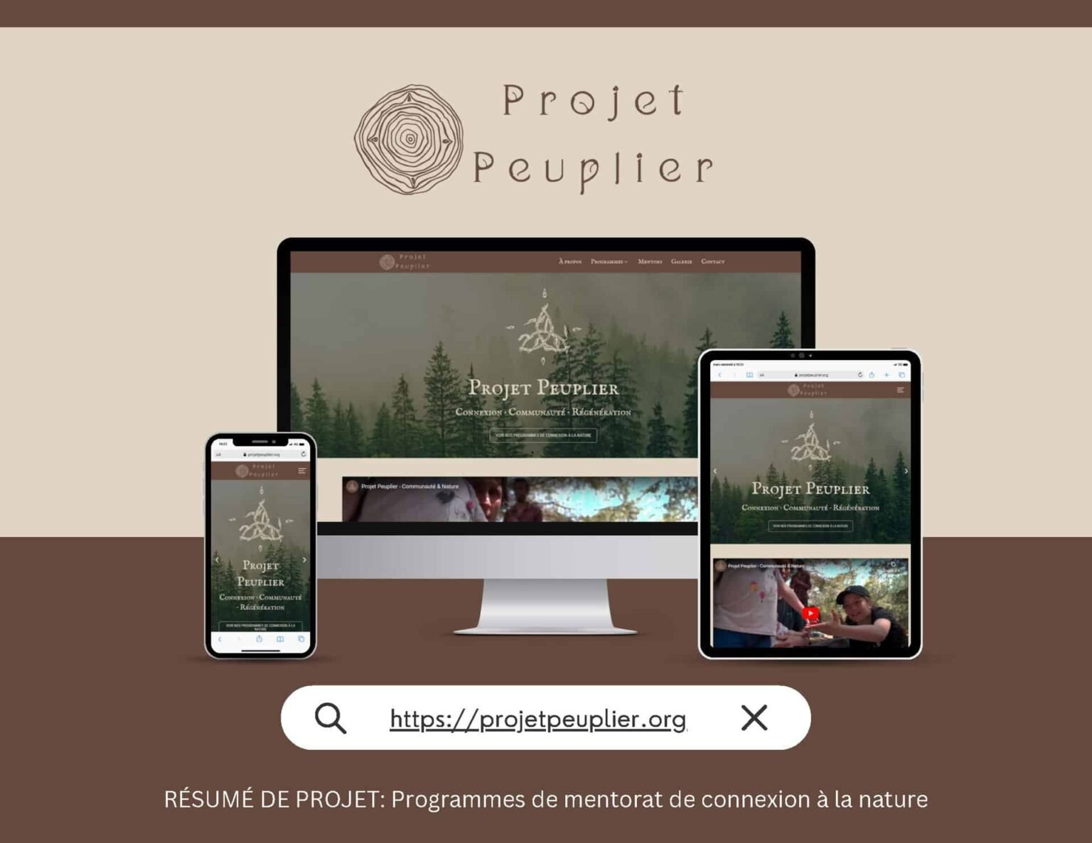 Mockup du site web Projet Peuplier avec ordinateur, tablette et smartphone avec comme sous-titre "Programmes de mentorat de connexion à la nature"