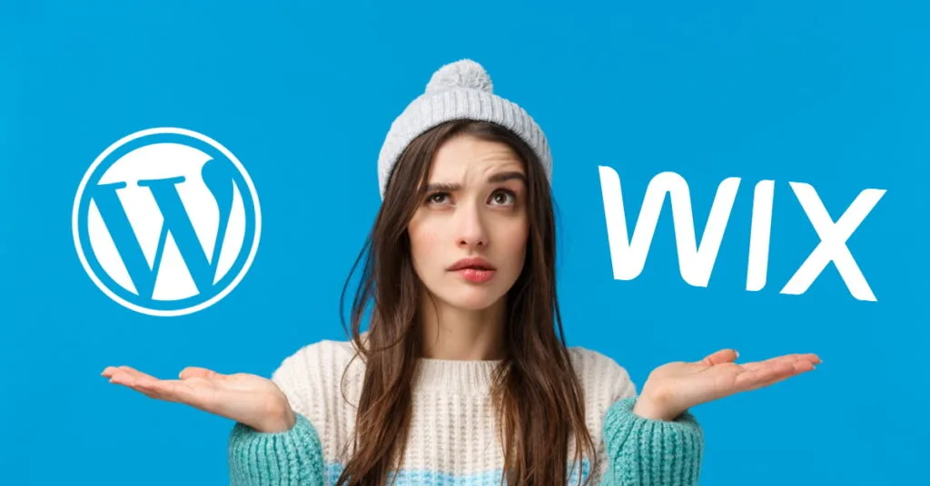 Femme confuse avec bonnet qui tient ses mains de chaque côté, paumes vers le haut, avec arrière-plan turquoise, avec logo de WordPress à gauche et logo de Wix à droite.