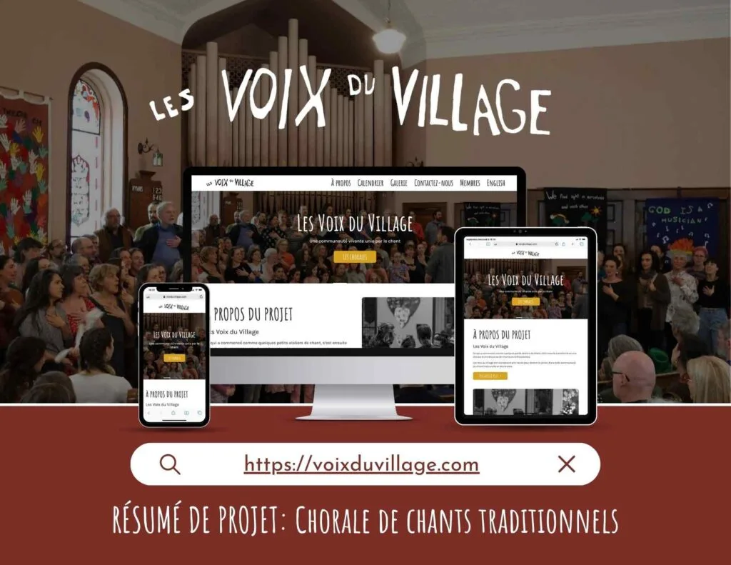 Mockup du site web des Voix du Village pour ordinateur, tablette et téléphone, un projet de chorale de chants traditionnels